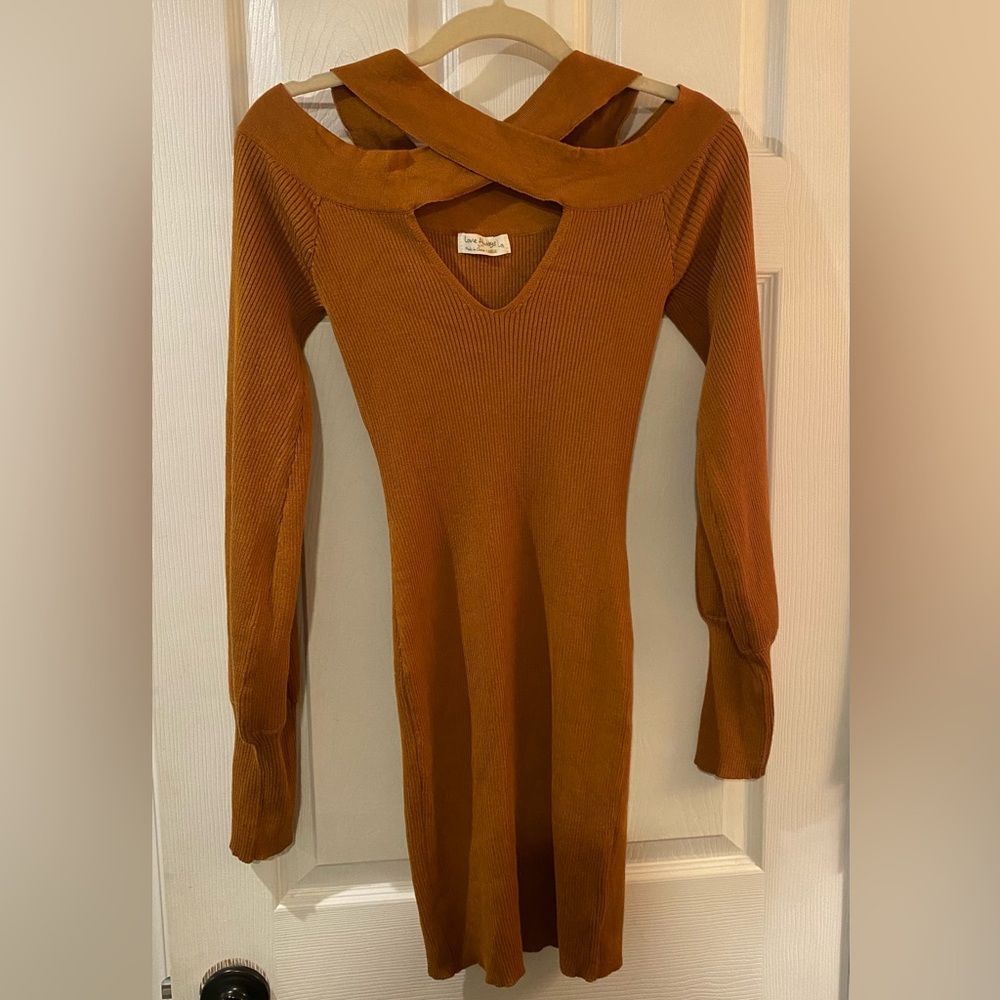Camel Brown Ribbed Mini Long Sleeve Dress